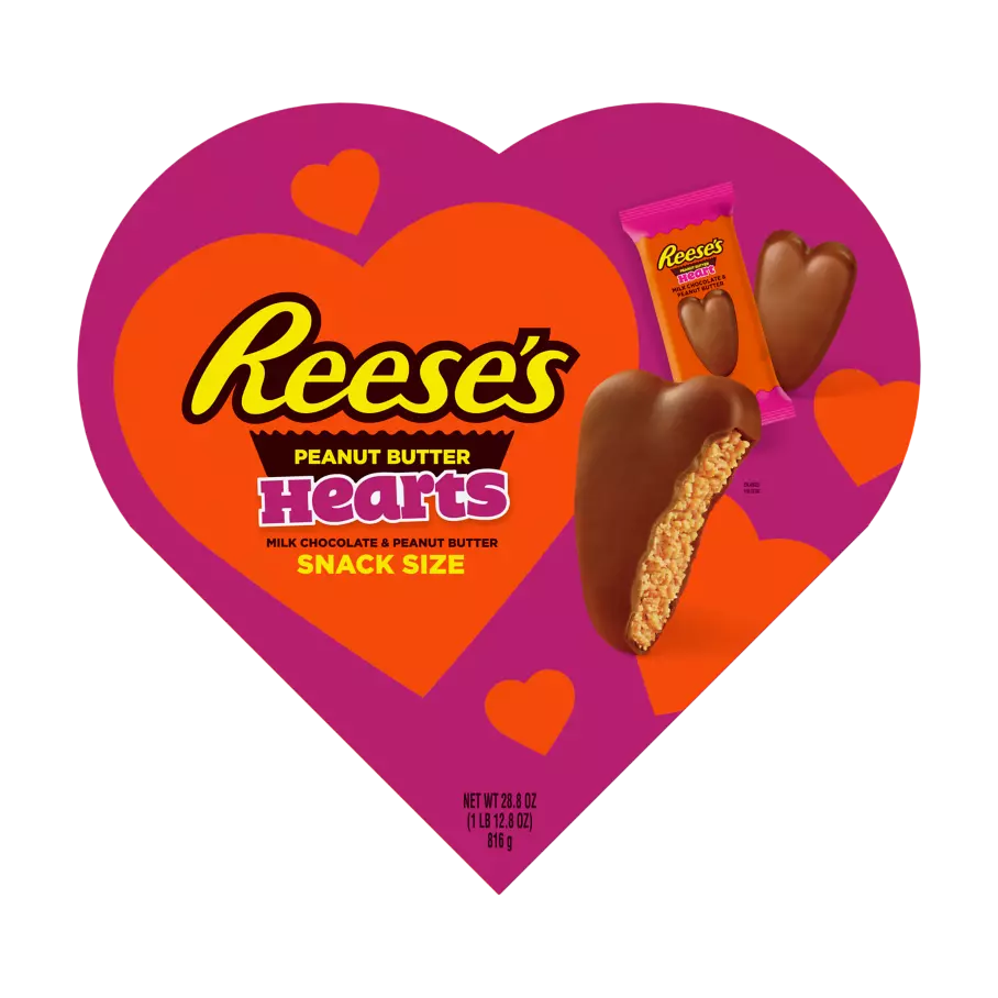 REESE'S Milk Chocolate Peanut Butter Snack Size Hearts, 28.8 oz giant gift box - Front of Package