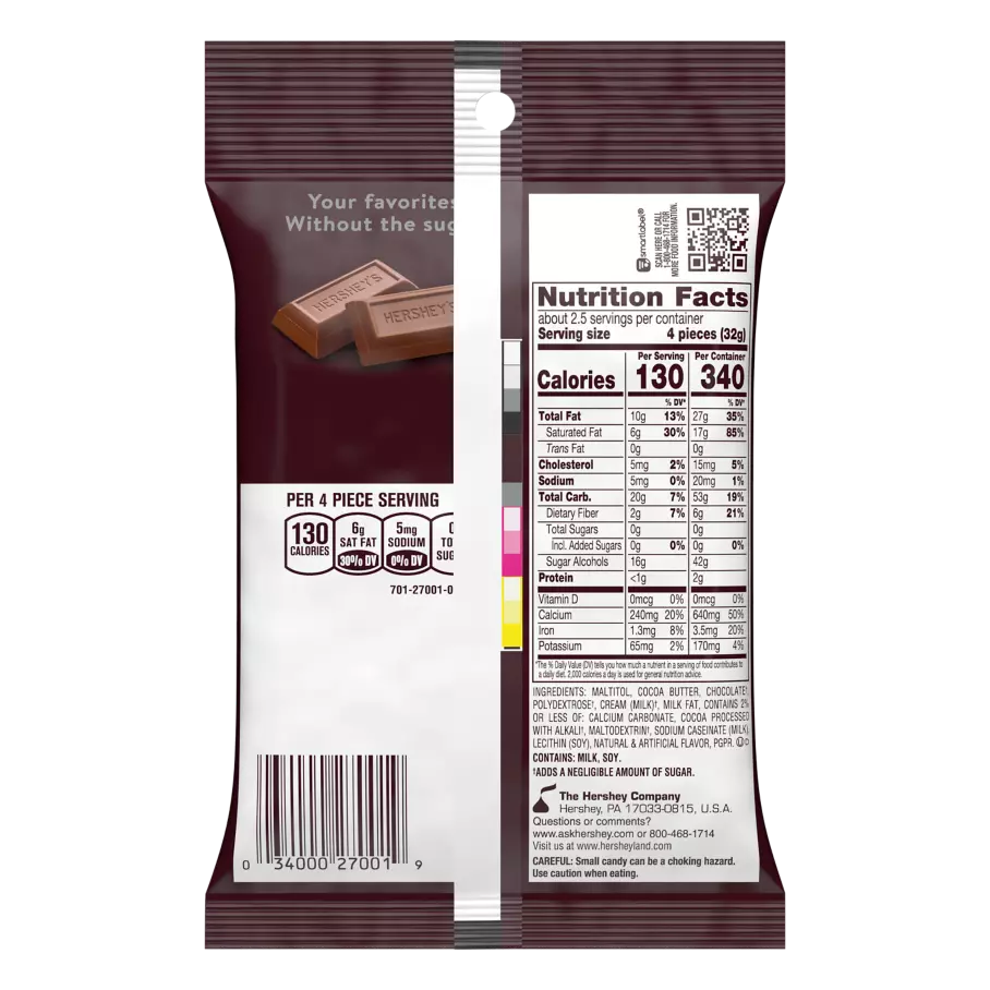 HERSHEY'S Zero Sugar Chocolate Candy Bars, 3 oz bag - Back of Package