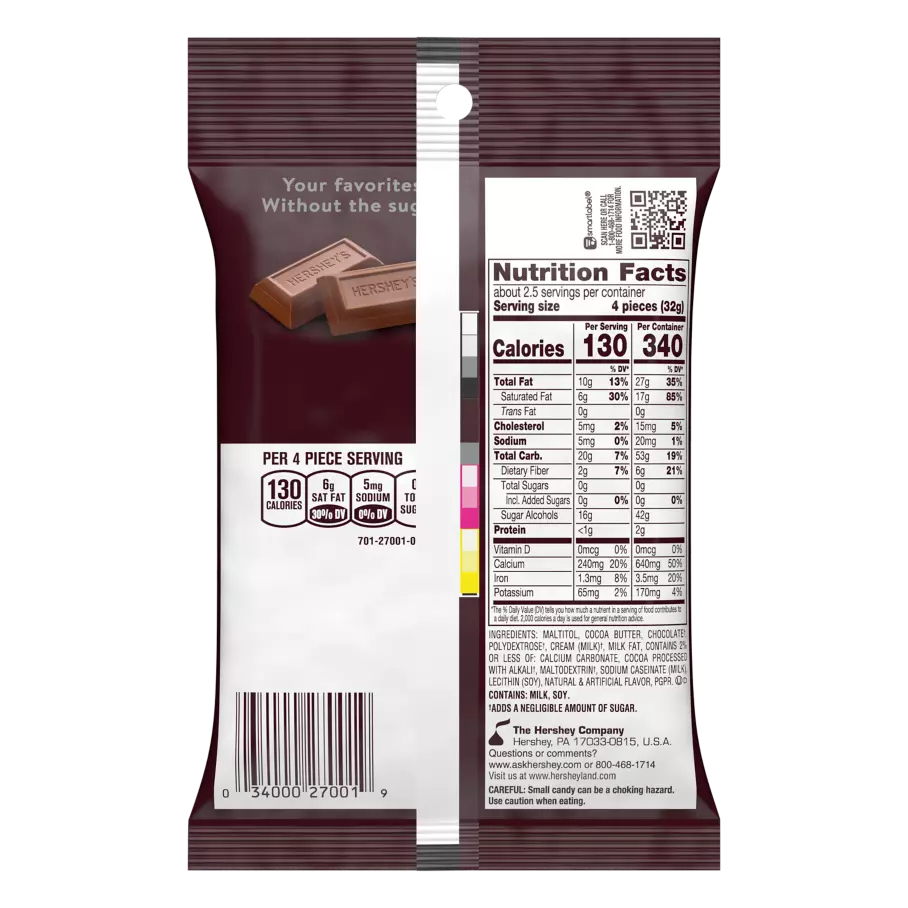 HERSHEY'S Zero Sugar Chocolate Candy, 3 oz bag - Back of Package