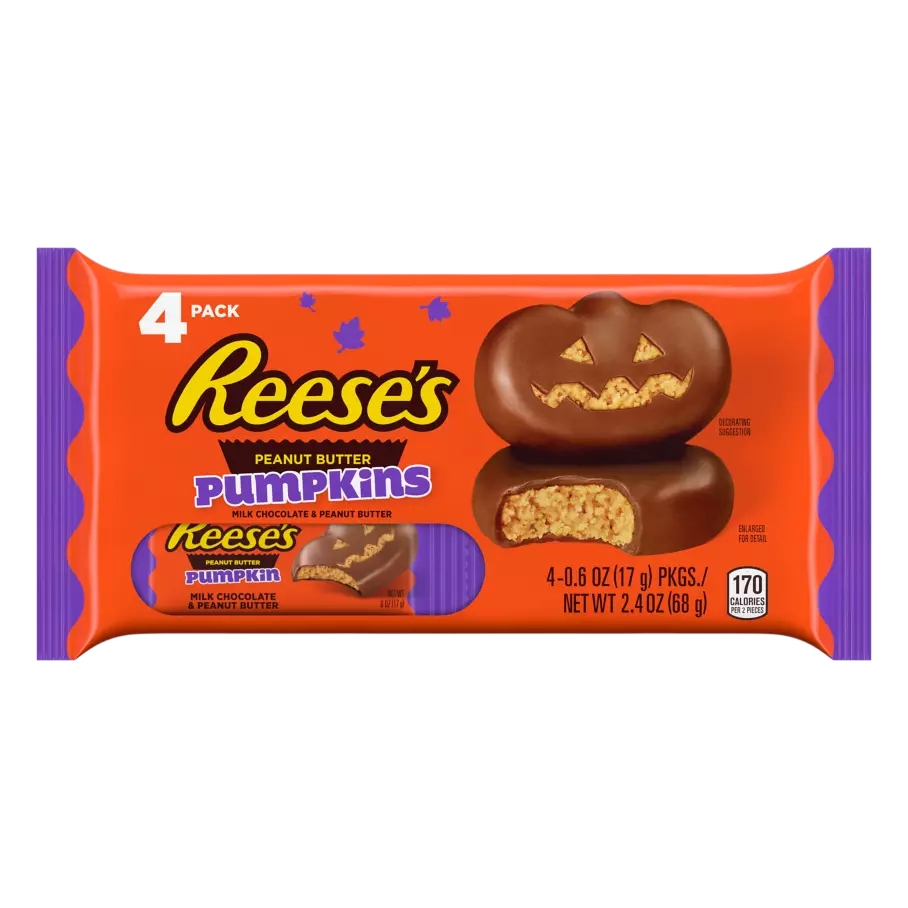 REESE'S Milk Chocolate Peanut Butter Pumpkins, 2.4 oz, 4 pack - Front of Package
