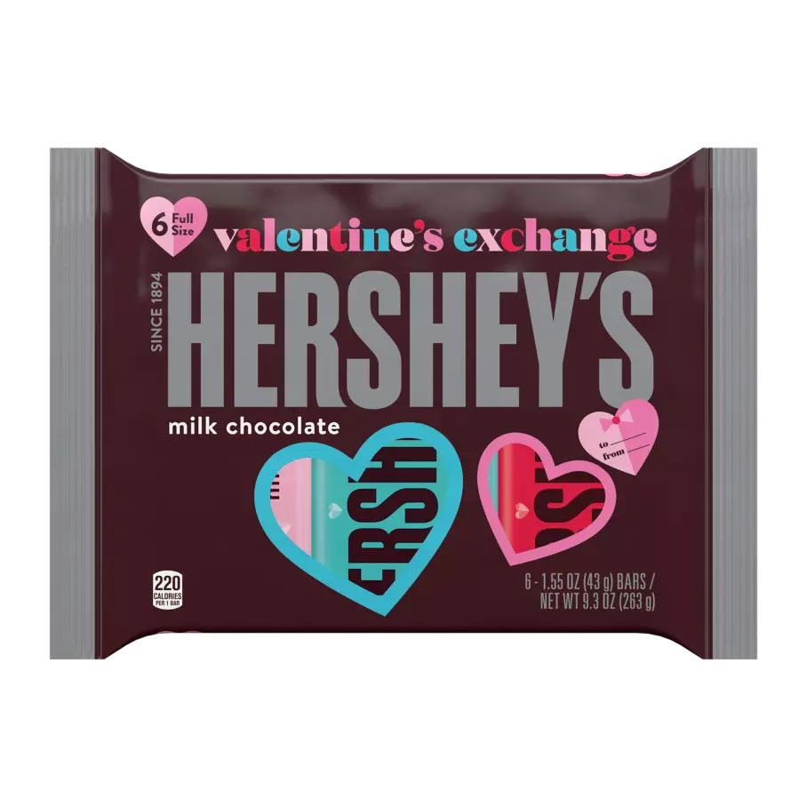 HERSHEY'S Valentine's Exchange Milk Chocolate Candy Bars, 1.55 oz, 6 pack - Front of Package