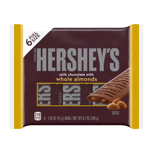 HERSHEY'S Milk Chocolate with Almonds Candy Bars, 8.7 oz, 6 pack - Front of Package