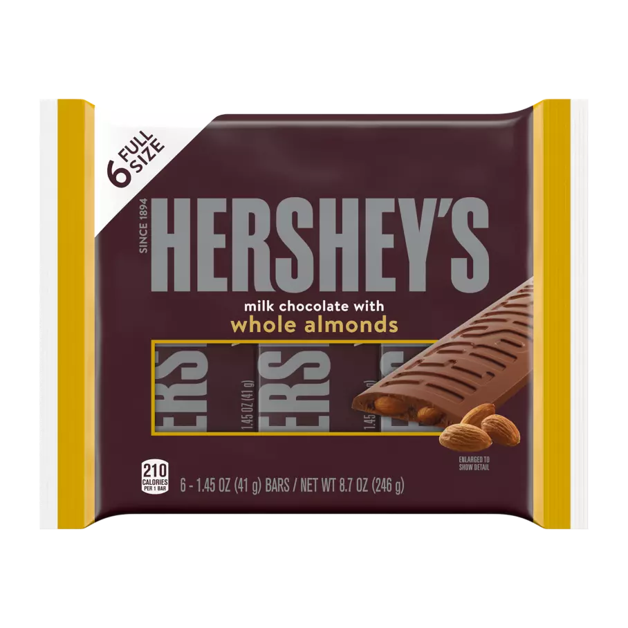 HERSHEY'S Milk Chocolate with Almonds Candy Bars, 8.7 oz, 6 pack - Front of Package