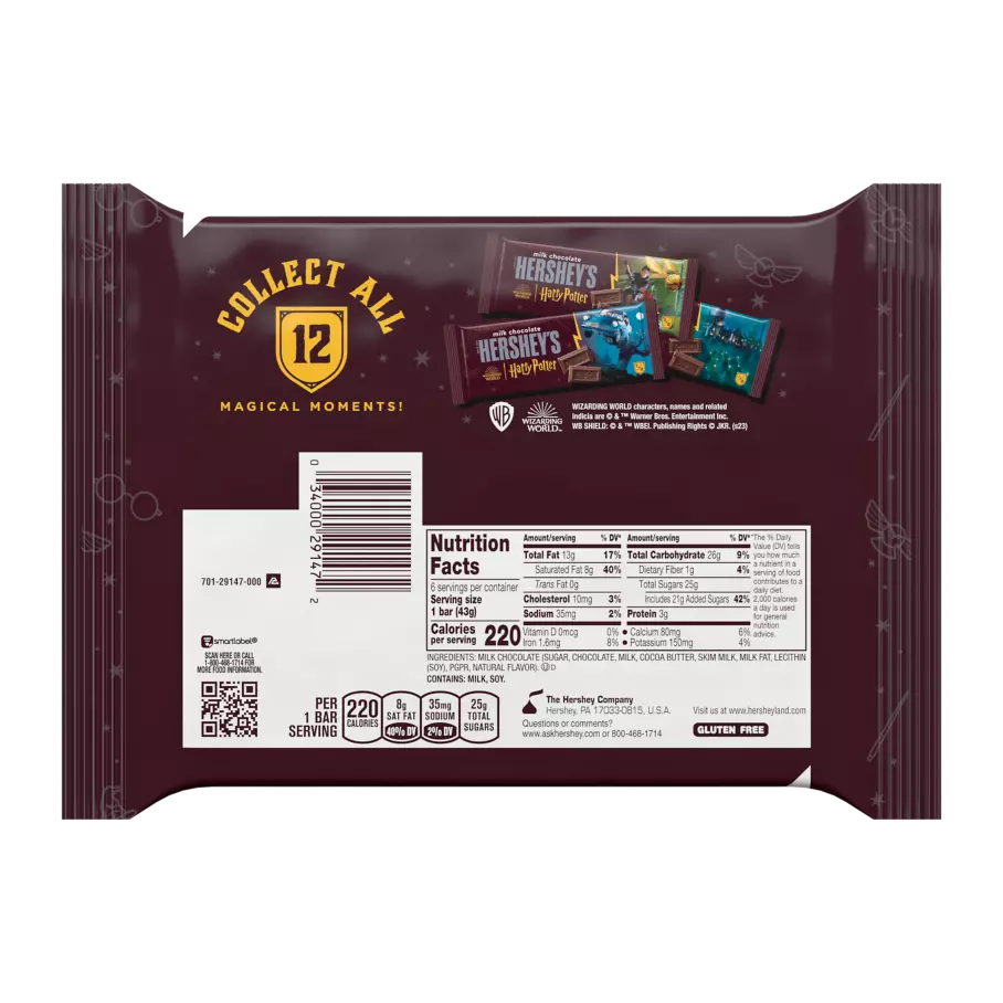 HERSHEY'S Milk Chocolate Harry Potter™ Limited Edition Candy Bars, 1.55 oz, 6 pack - Back of Package