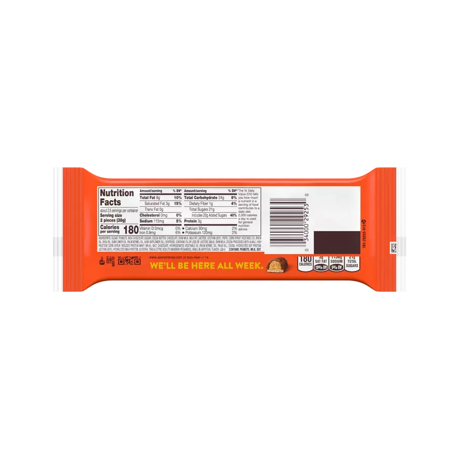 REESE'S FAST BREAK Milk Chocolate Peanut Butter Snack Size Candy Bars, 3.35 oz, 5 pack - Back of Package