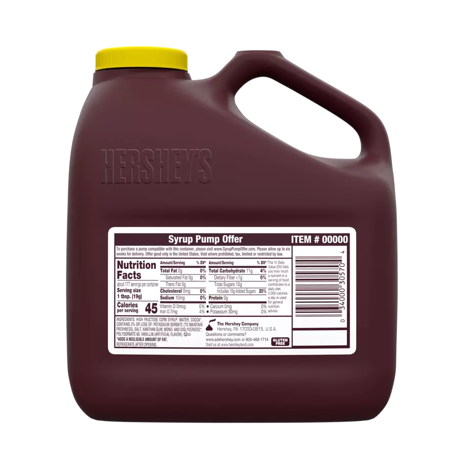 HERSHEY'S Chocolate Syrup, 120 oz jug - Back of Package