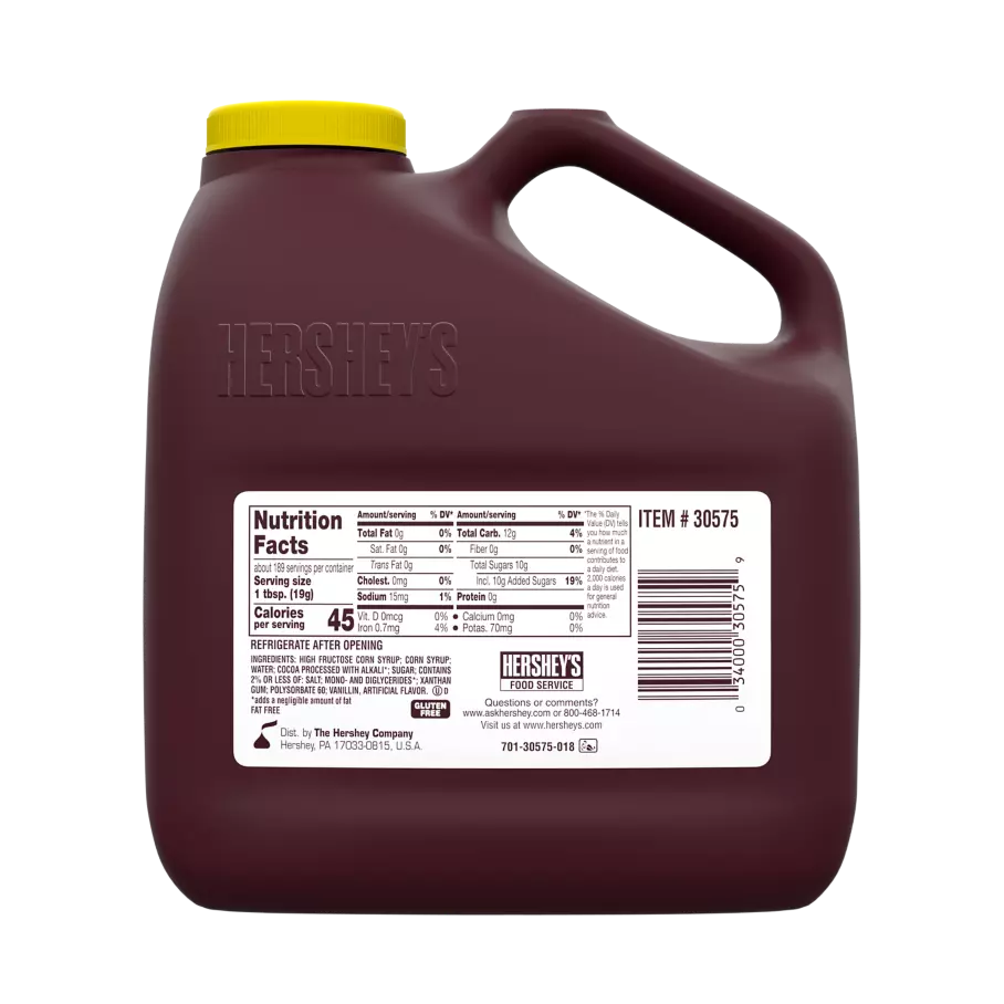 HERSHEY'S SPECIAL DARK Semi-Sweet Chocolate Syrup, 32 lb box, 4 jugs - Back of Individual Package