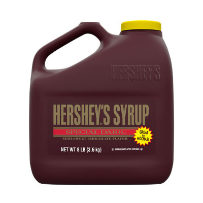 HERSHEY'S SPECIAL DARK Semi-Sweet Chocolate Syrup, 32 lb box, 4 jugs - Front of Individual Package