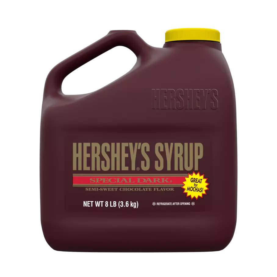 HERSHEY'S SPECIAL DARK Semi-Sweet Chocolate Syrup, 32 lb box, 4 jugs - Front of Individual Package