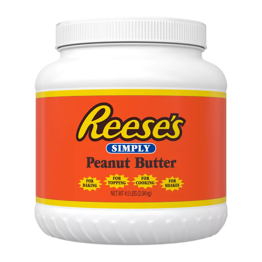 REESE'S Simply Pump-Able Peanut Butter Sauce, 27 lb box, 6 jars - Front of Package