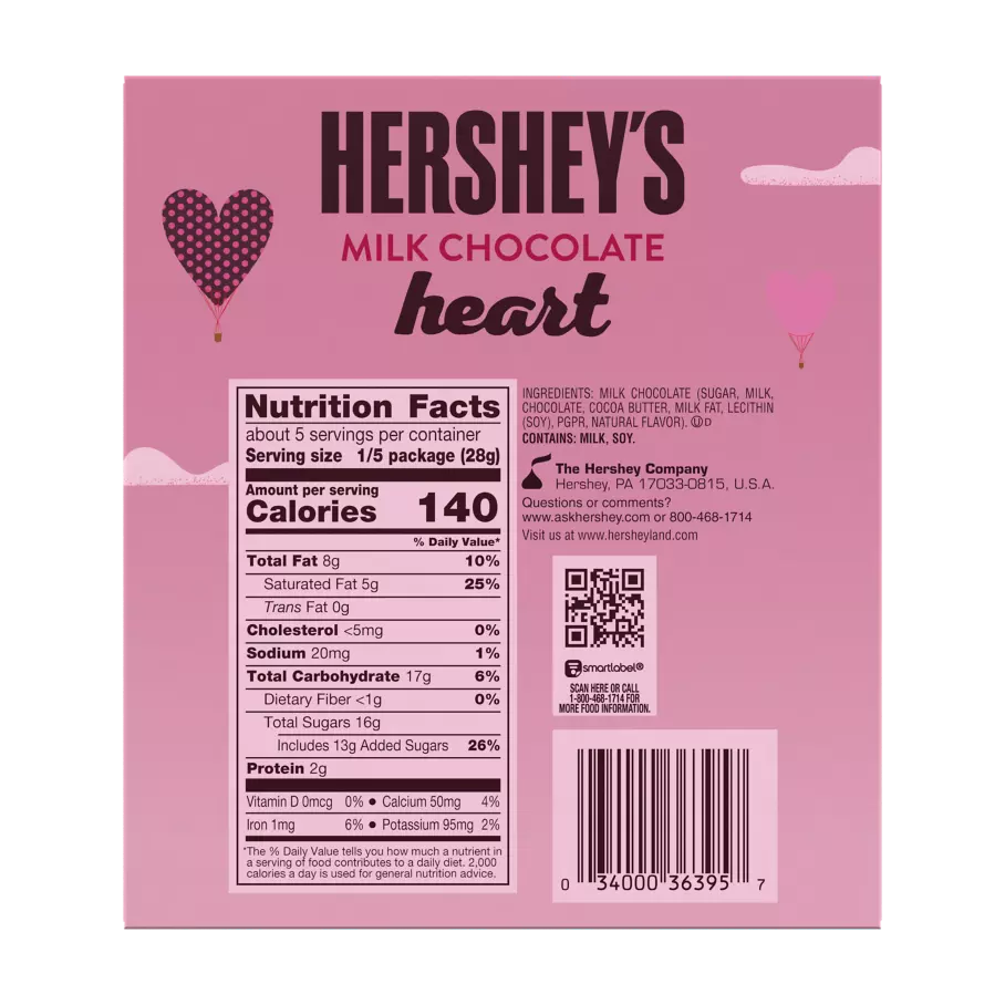 HERSHEY'S Milk Chocolate Heart, 5 oz box - Back of Package