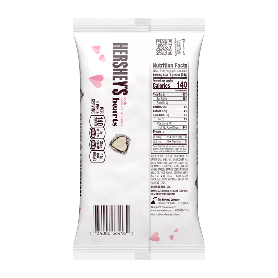 HERSHEY'S Cookies 'N' Creme Pink Hearts, 8.8 oz bag - Back of Package