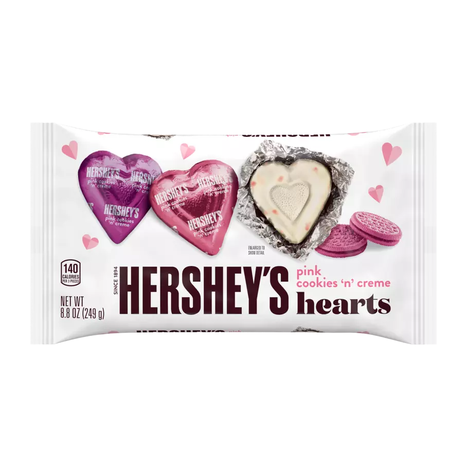 HERSHEY'S COOKIES 'N' CREME Pink Hearts, 8.8 oz bag - Front of Package