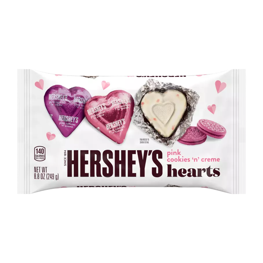 HERSHEY'S Cookies 'N' Creme Pink Hearts, 8.8 oz bag - Front of Package