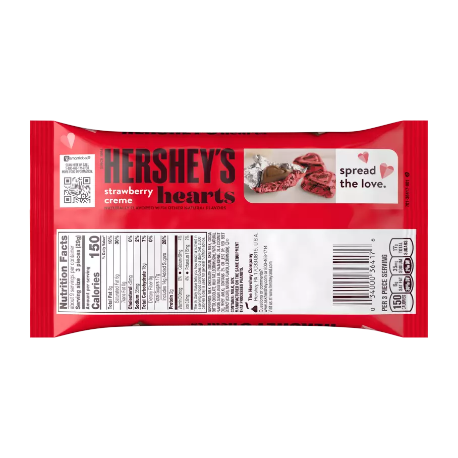 HERSHEY'S Milk Chocolate Strawberry Creme Hearts, 8.8 oz bag - Back of Package