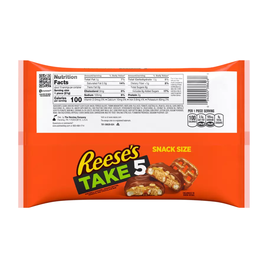 REESE'S TAKE5 Chocolate Peanut Butter Snack Size Candy Bars, 11.25 oz bag - Back of Package