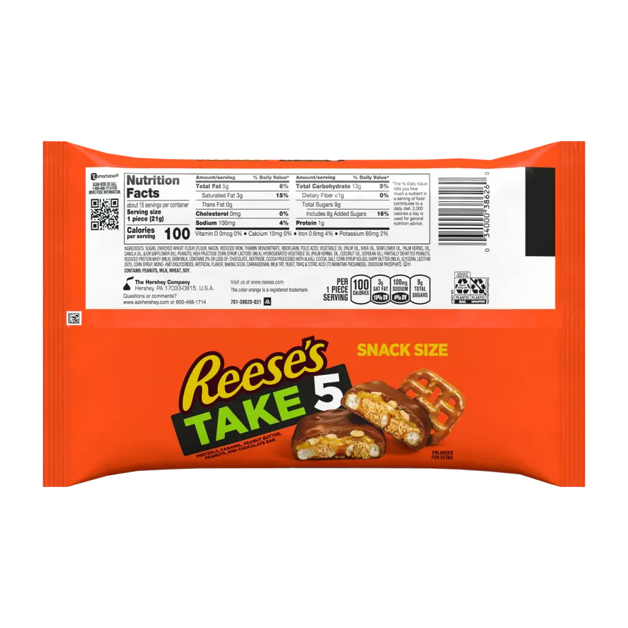 REESE'S TAKE5 Chocolate Peanut Butter Snack Size Candy Bars, 11.25 oz bag - Back of Package