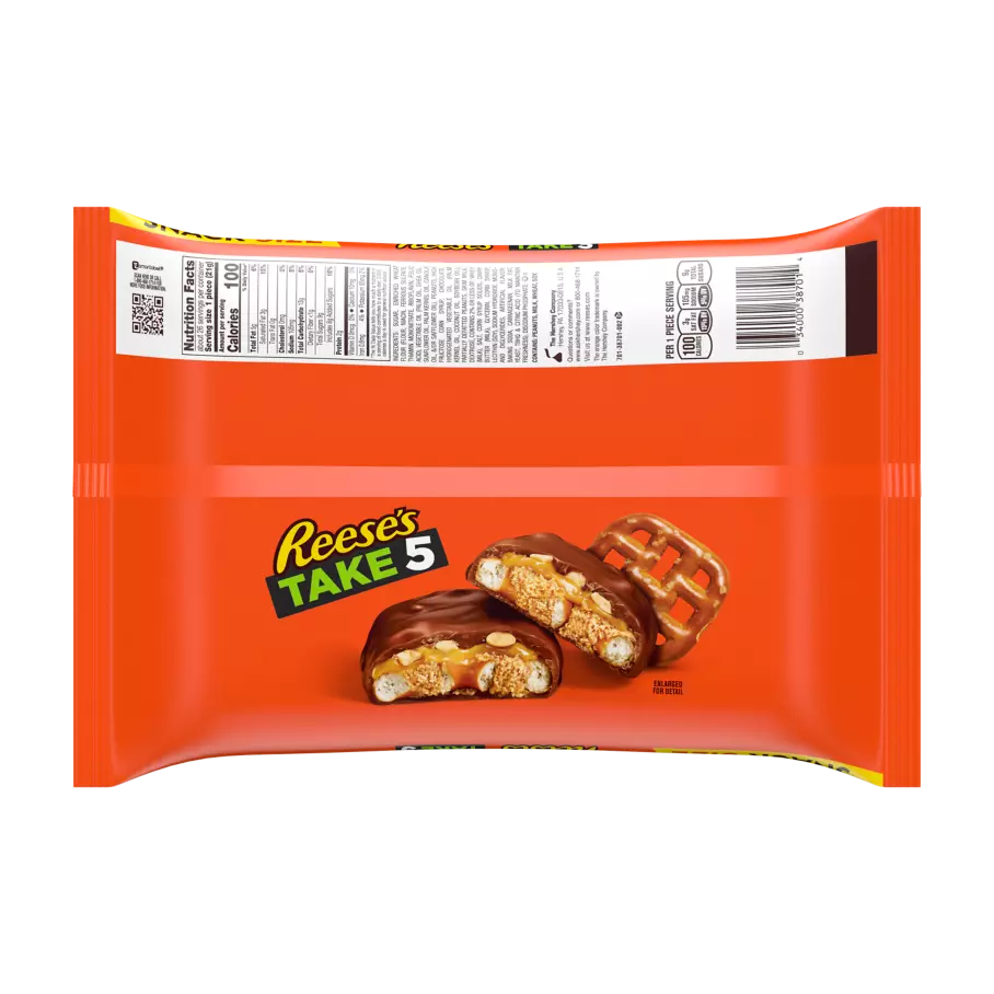 REESE'S TAKE5 Chocolate Peanut Butter Snack Size Candy Bars, 19.5 oz jumbo bag - Back of Package