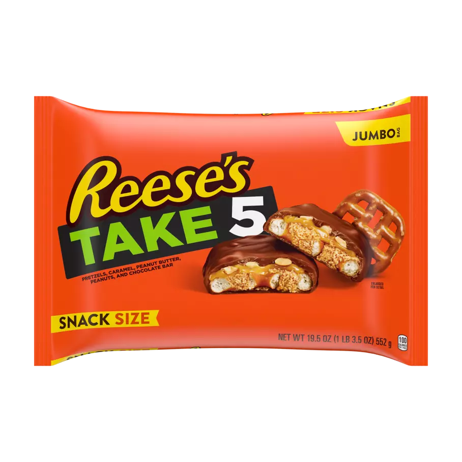REESE'S TAKE5 Chocolate Peanut Butter Snack Size Candy Bars, 19.5 oz jumbo bag - Front of Package