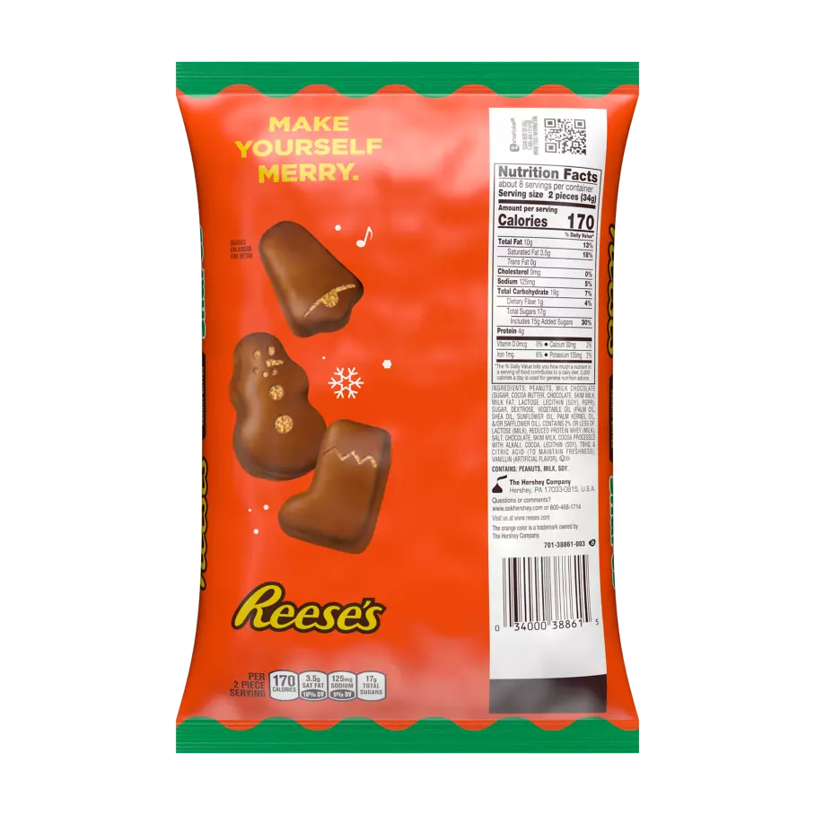 REESE'S Holiday Milk Chocolate Peanut Butter Snack Size Mystery Shapes, 9.6 oz bag - Back of Package