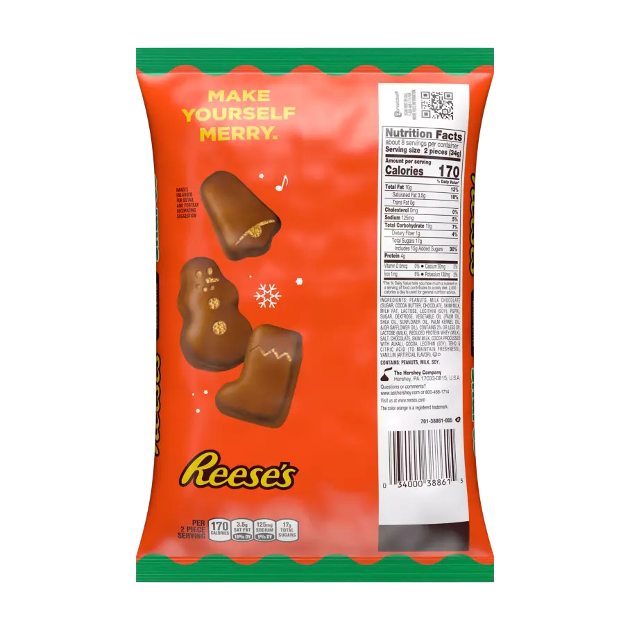 REESE'S Holiday Milk Chocolate Peanut Butter Snack Size Mystery Shapes, 9.6 oz bag - Back of Package