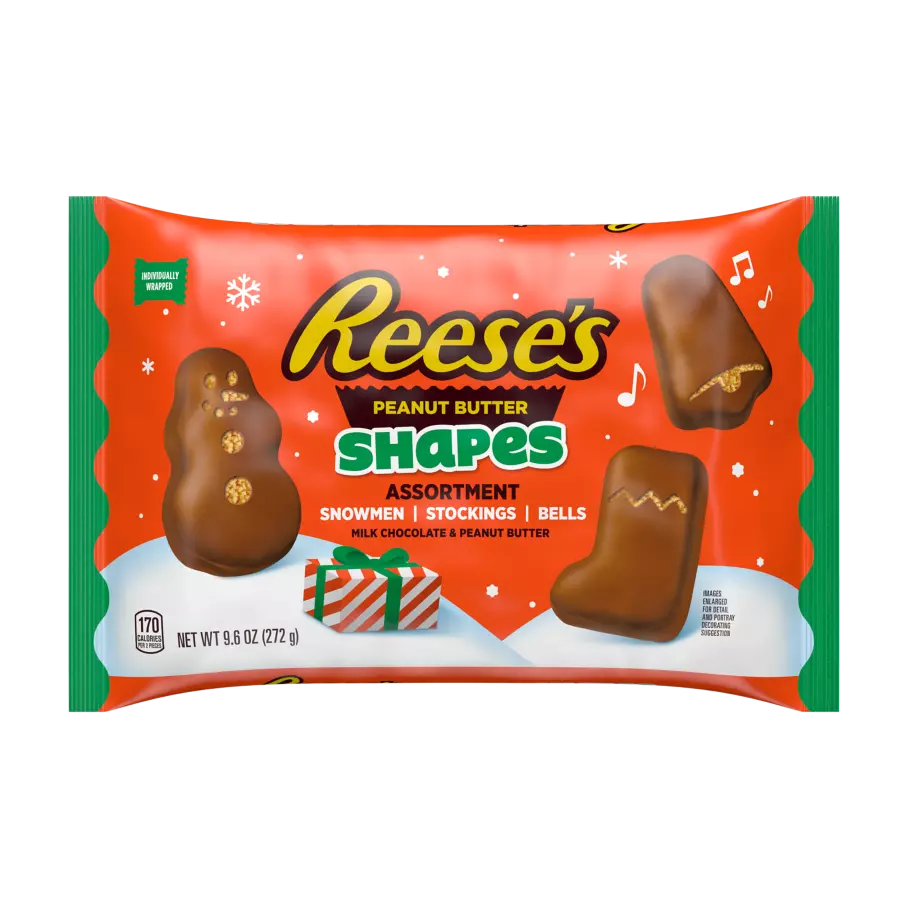 REESE'S Holiday Milk Chocolate Peanut Butter Snack Size Mystery Shapes, 9.6 oz bag - Front of Package