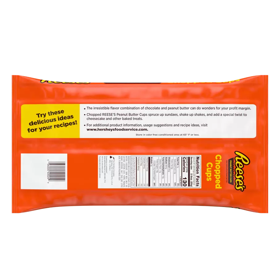 REESE'S Milk Chocolate Peanut Butter Chopped Cups, 20 lb box, 4 bags - Back of Individual Package