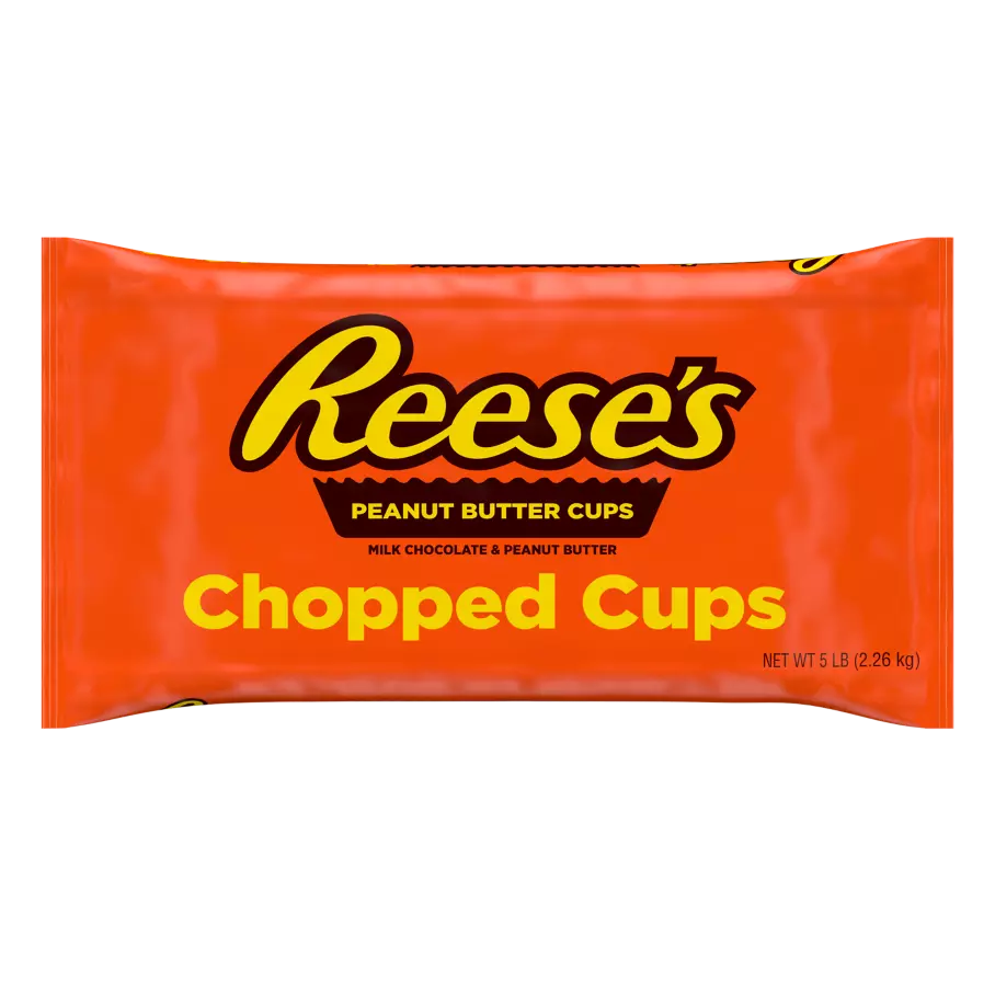 REESE'S Milk Chocolate Peanut Butter Chopped Cups, 20 lb box, 4 bags - Front of Individual Package