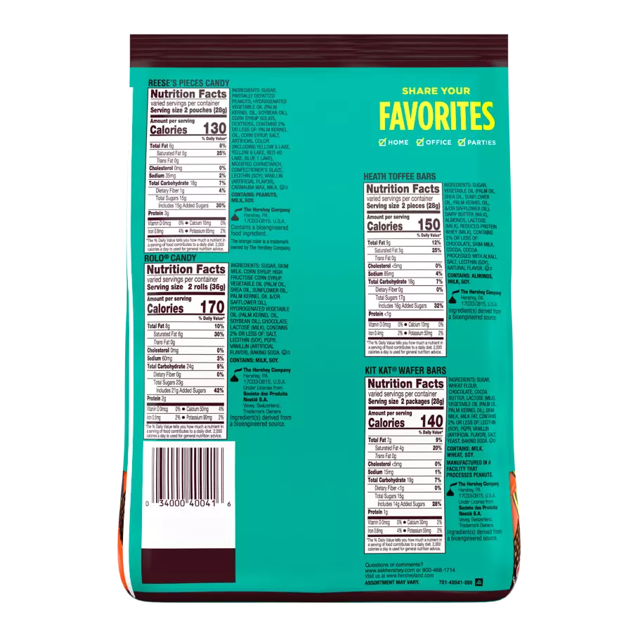 Hershey Snack Size Assortment, 35.04 oz bag - Back of Package