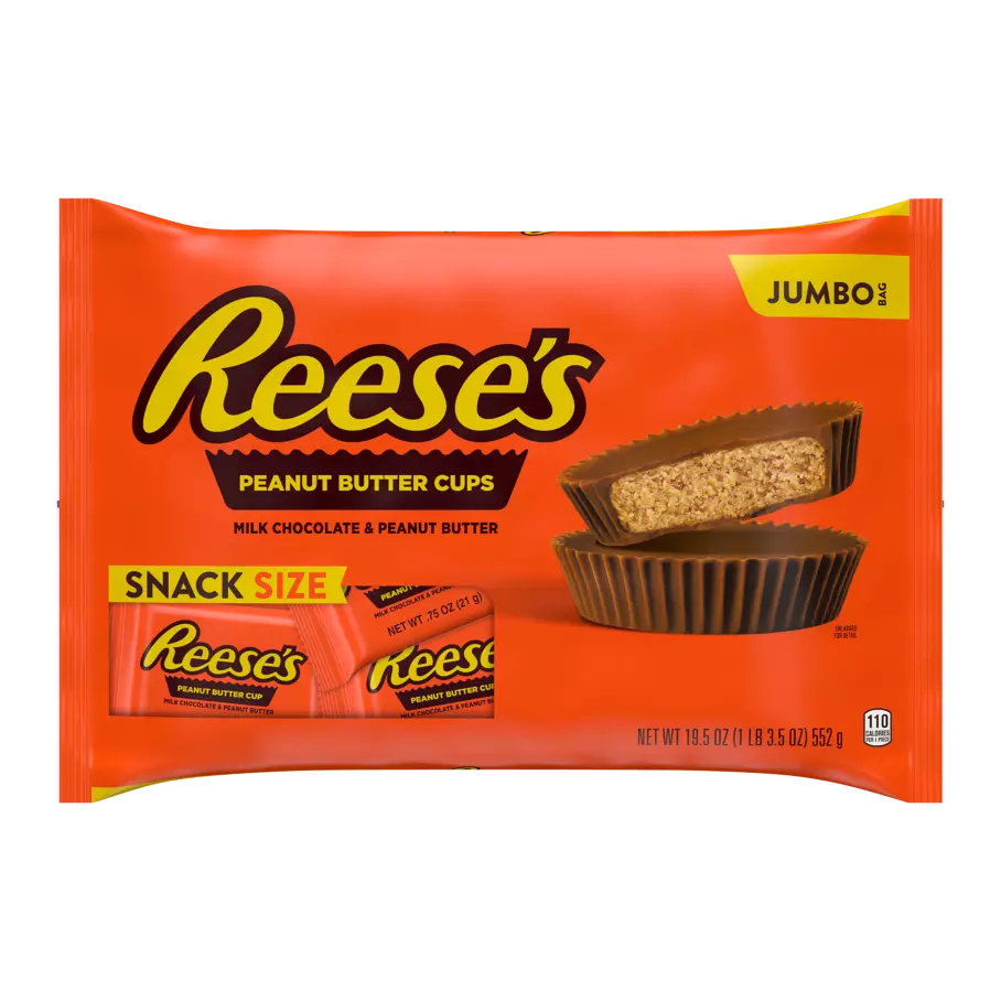 REESE'S Milk Chocolate Snack Size Peanut Butter Cups, 19.5 oz jumbo bag - Front of Package