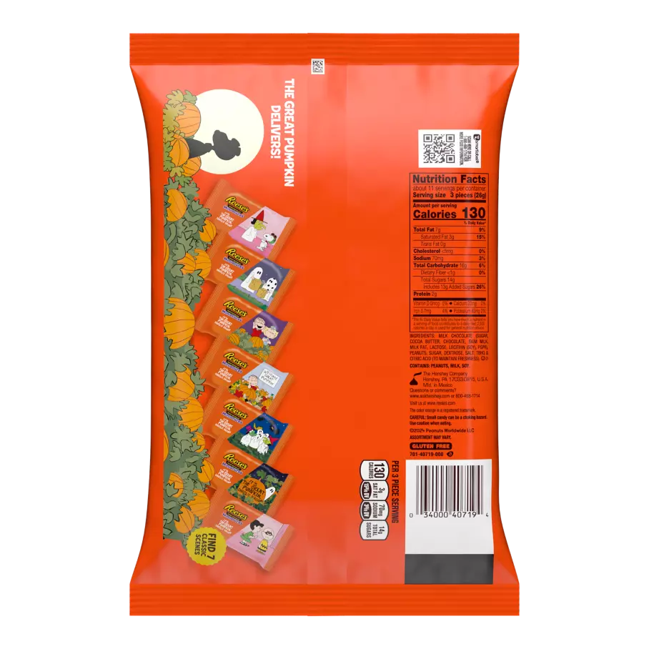 REESE'S Snoopy™ & Friends Wrappers Milk Chocolate Miniatures Peanut Butter Cups, 9.92 oz bag - Back of Package