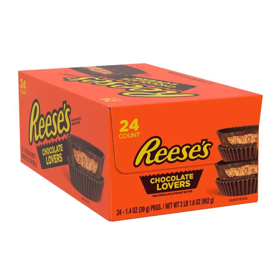 REESE'S Chocolate Lovers Milk Chocolate Peanut Butter Cups, 1.4 oz, 24 count box - Front of Package