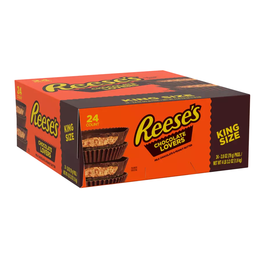 REESE'S Chocolate Lovers Milk Chocolate King Size Peanut Butter Cups, 2.8 oz, 24 count box - Front of Package