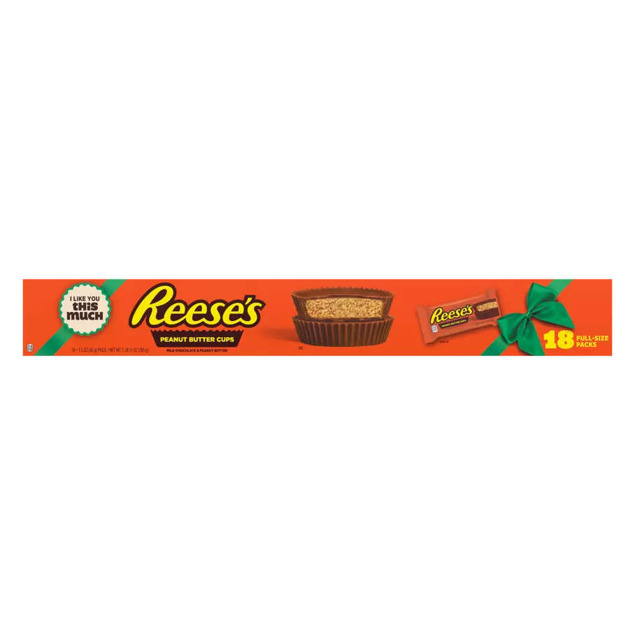 REESE'S Holiday Milk Chocolate Peanut Butter Cups, 27 oz, 18 count yardstick - Front of Package