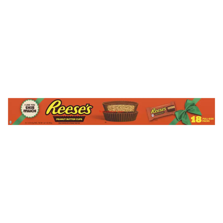 REESE'S Holiday Milk Chocolate Peanut Butter Cups, 27 oz, 18 count yardstick - Front of Package