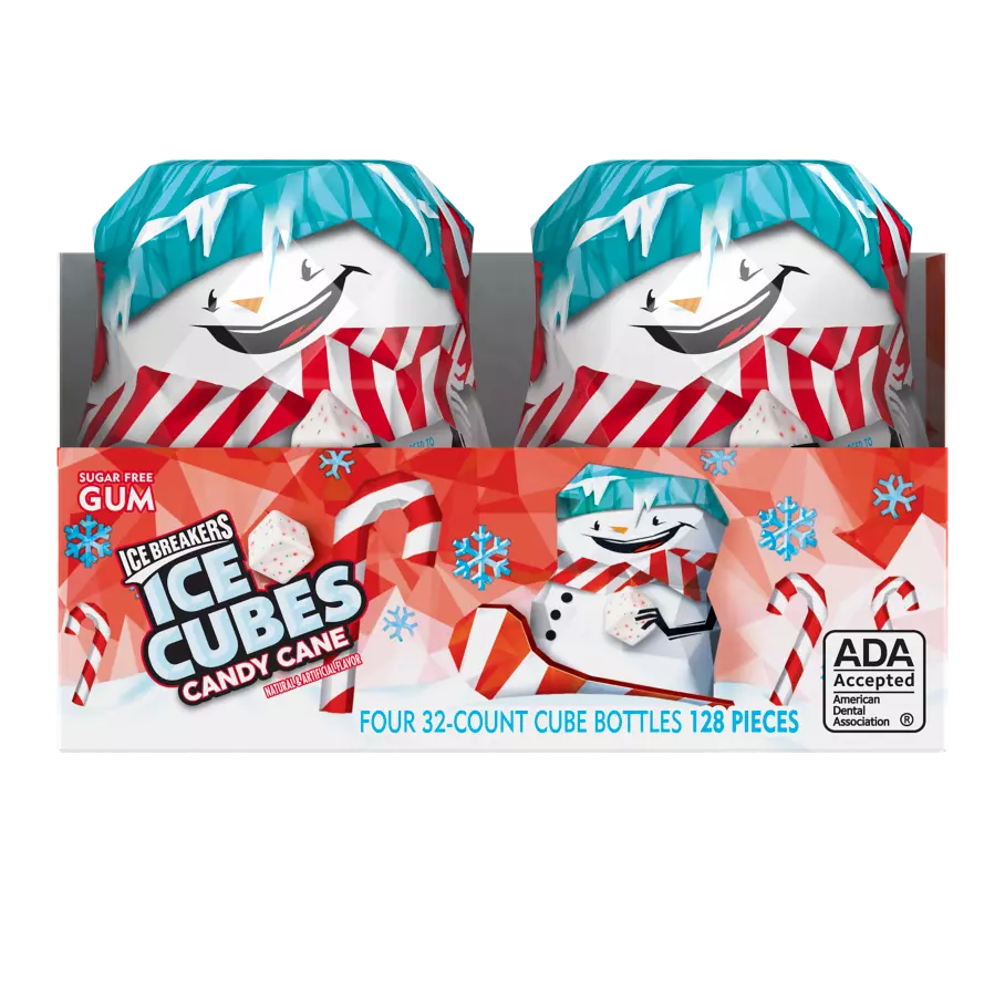ICE BREAKERS ICE CUBES Snowman Candy Cane Sugar Free Gum, 2.6 oz bottle, 4 count box - Front of Package