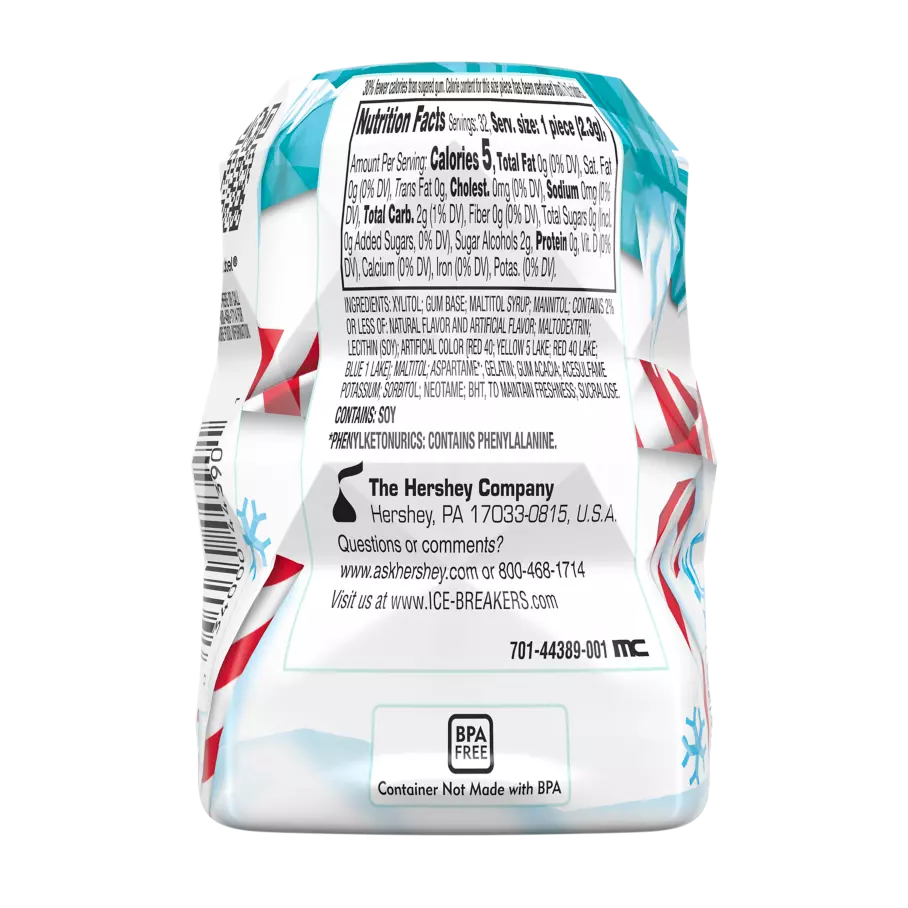 ICE BREAKERS ICE CUBES Snowman Candy Cane Sugar Free Gum, 2.6 oz bottle, 32 pieces - Back of Package