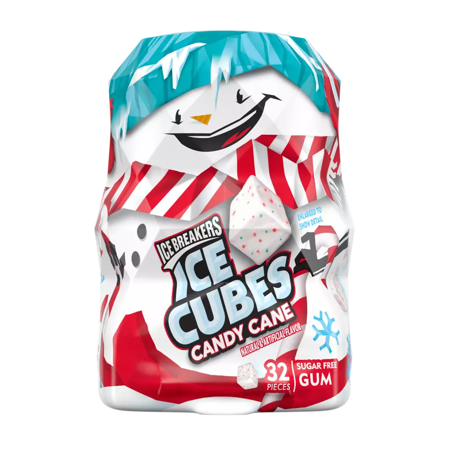 ICE BREAKERS ICE CUBES Snowman Candy Cane Sugar Free Gum, 2.6 oz bottle, 32 pieces - Front of Package