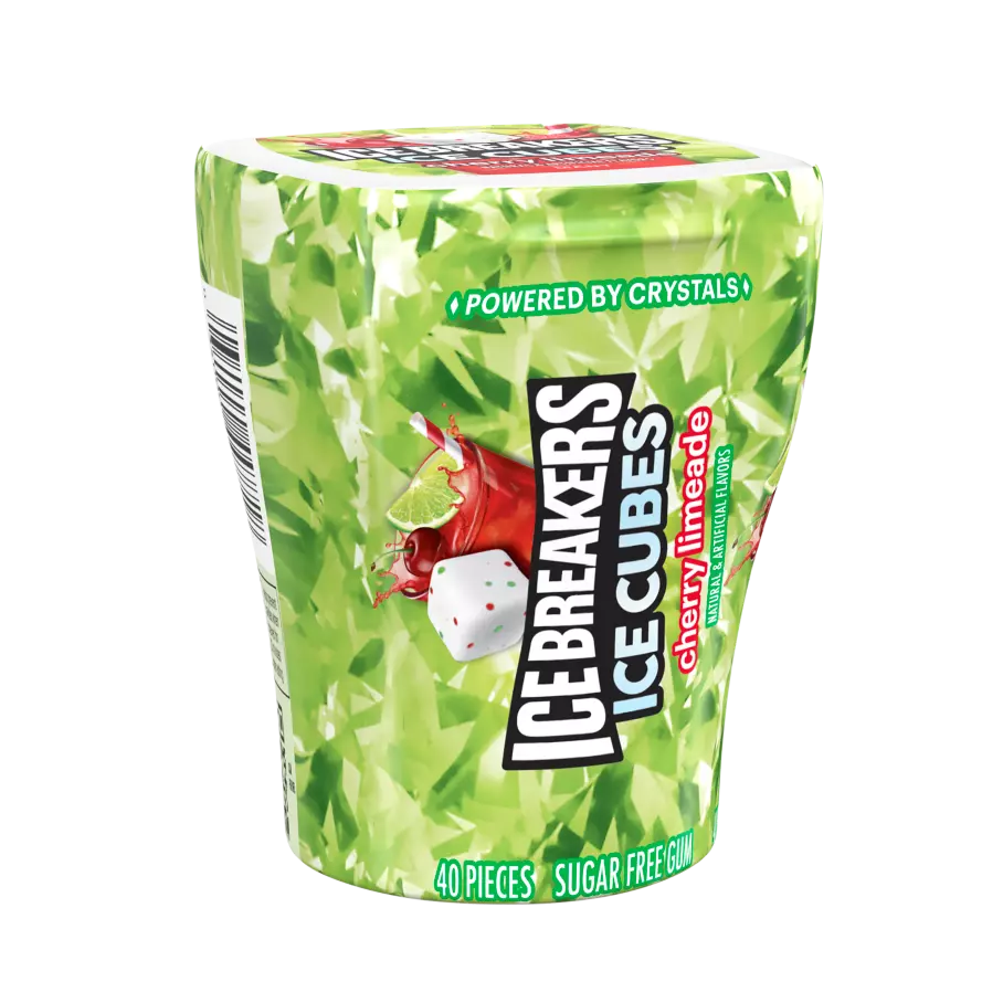 ICE BREAKERS ICE CUBES Cherry Limeade Sugar Free Gum, 3.24 oz bottle, 40 pieces - Front of Package