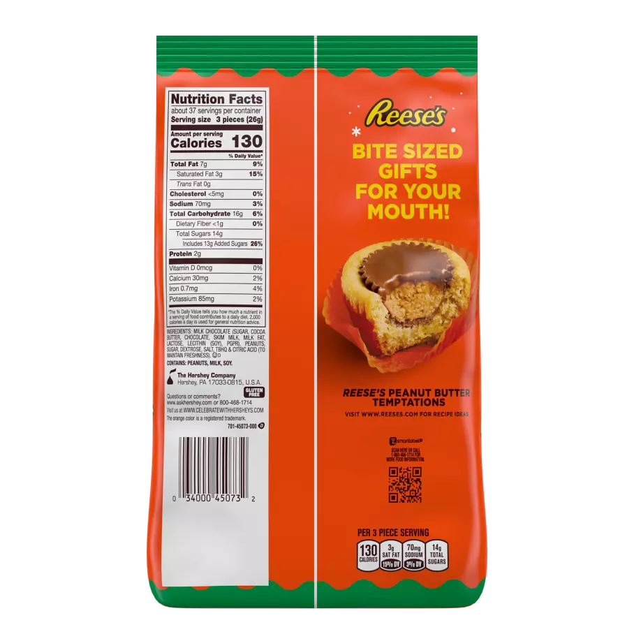 REESE'S Holiday Milk Chocolate Miniatures Peanut Butter Cups, 34.1 oz bag - Back of Package