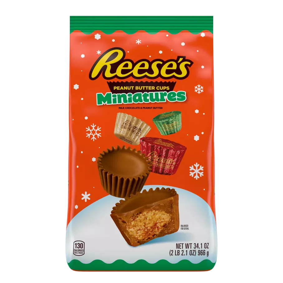 REESE'S Holiday Milk Chocolate Miniatures Peanut Butter Cups, 34.1 oz bag - Front of Package