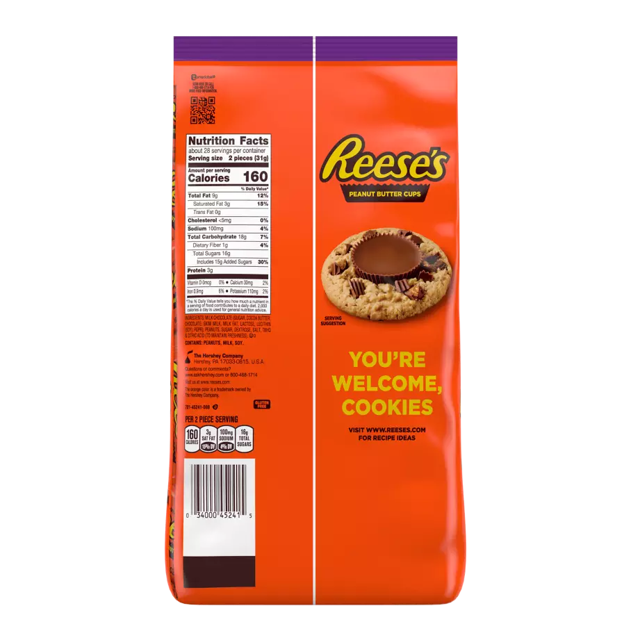 REESE'S Halloween Milk Chocolate Snack Size Peanut Butter Cups, 30.25 oz bag, 55 pieces - Back of Package