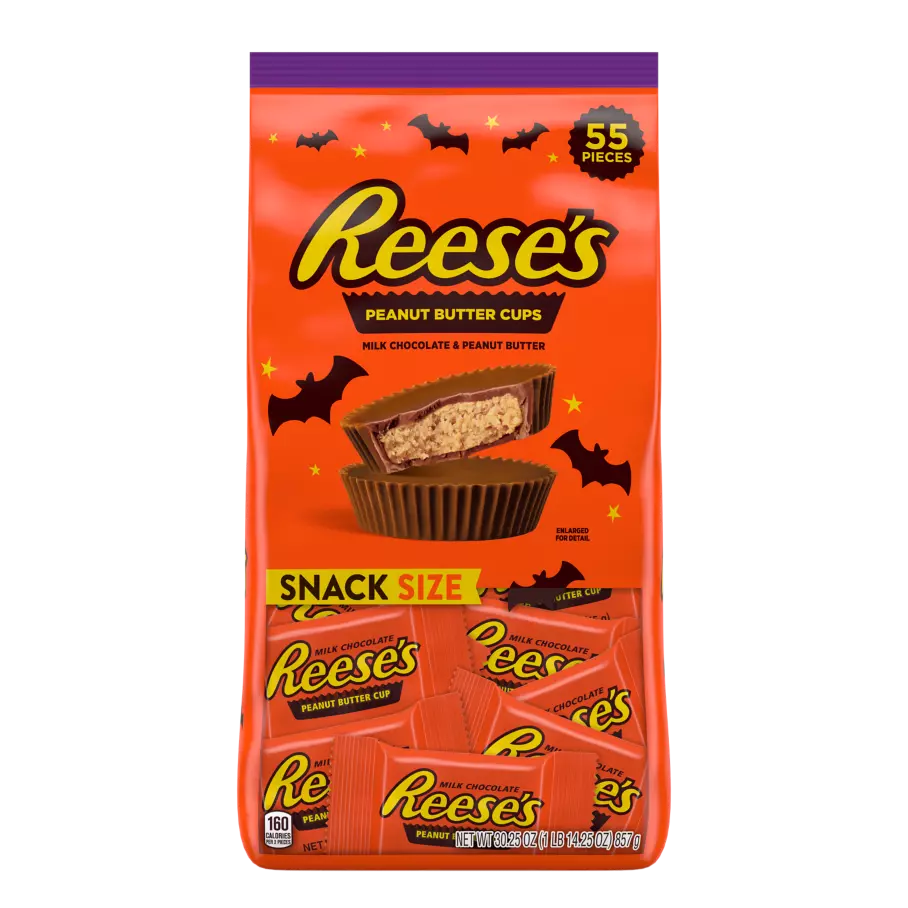 REESE'S Halloween Milk Chocolate Snack Size Peanut Butter Cups, 30.25 oz bag, 55 pieces - Front of Package