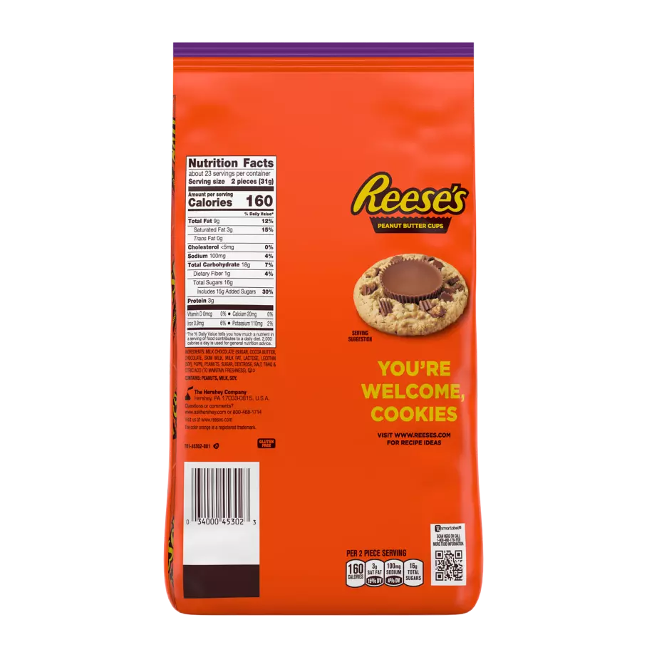 REESE'S Halloween Milk Chocolate Snack Size Peanut Butter Cups, 25.3 oz bag, 45 pieces - Back of Package