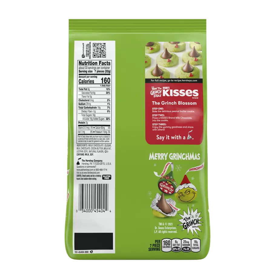 HERSHEY'S KISSES Milk Chocolates with Grinch® Foils, 37.28 oz bag - Back of Package