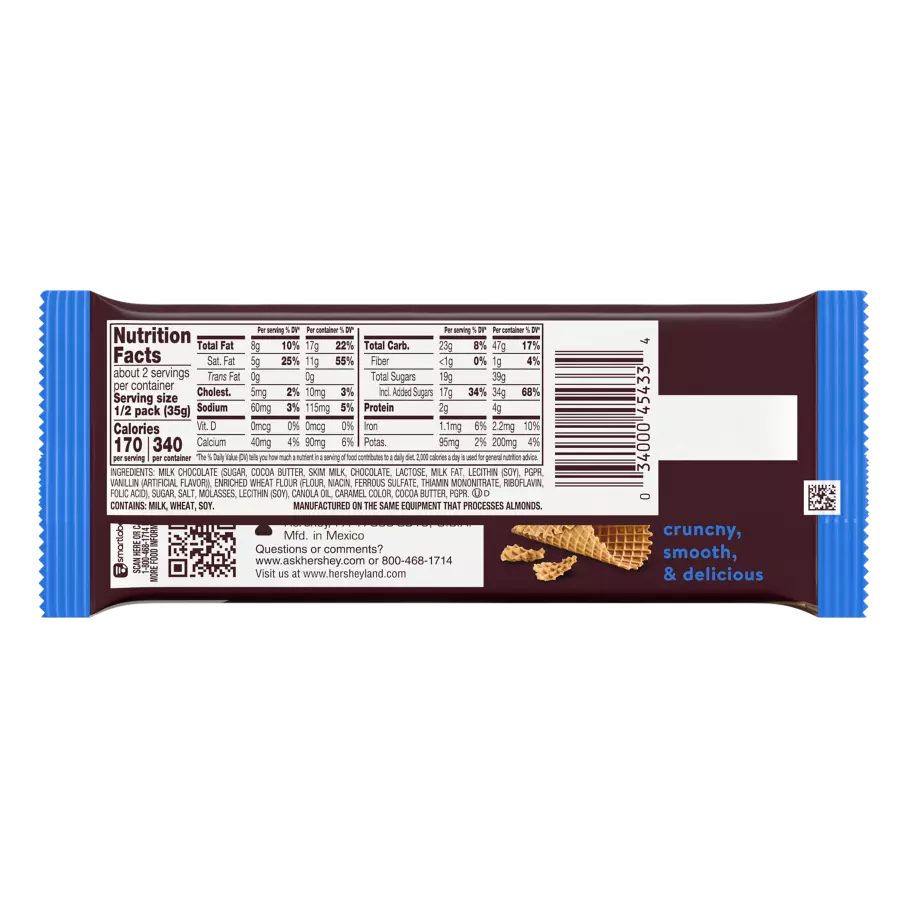 HERSHEY'S Milk Chocolate with Crunchy Waffle Cone Pieces King Size Candy Bar, 2.5 oz - Back of Package