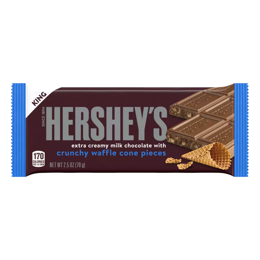 HERSHEY'S Milk Chocolate with Crunchy Waffle Cone Pieces King Size Candy Bar, 2.5 oz - Front of Package