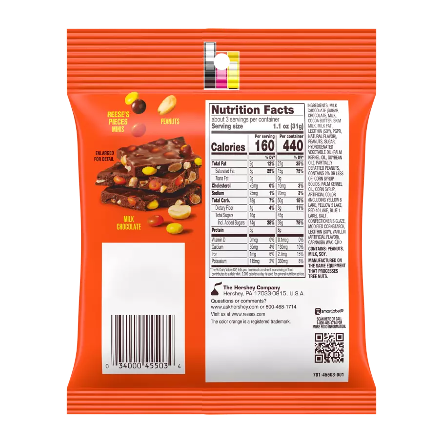 REESE'S PIECES Bark, 3.1 oz bag - Back of Package