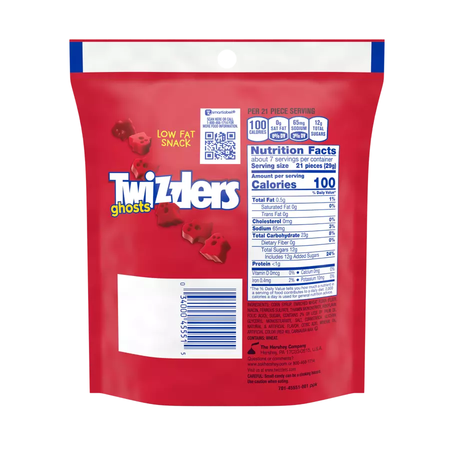 TWIZZLERS Ghosts Cherry Candy, 7.1 oz bag - Back of Package