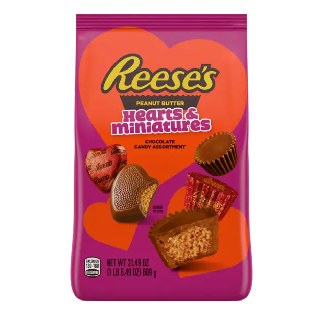 REESE'S Hearts & Miniatures Milk Chocolate Peanut Butter Assortment, 21.49 oz bag - Front of Package